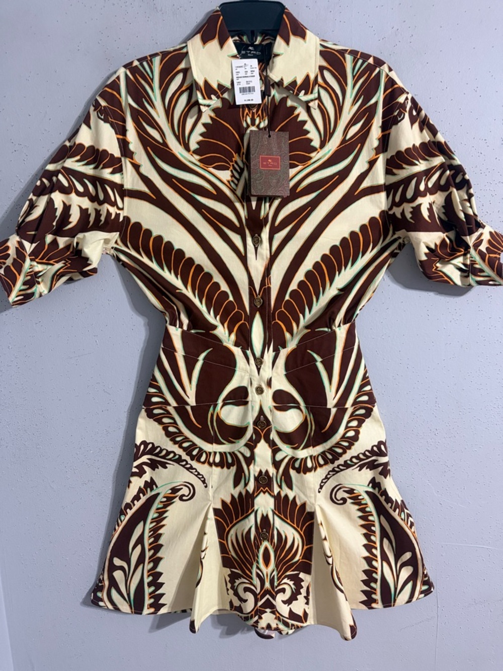 ETRO NWT Crème & Brown Printed Button-Front Mini Dress